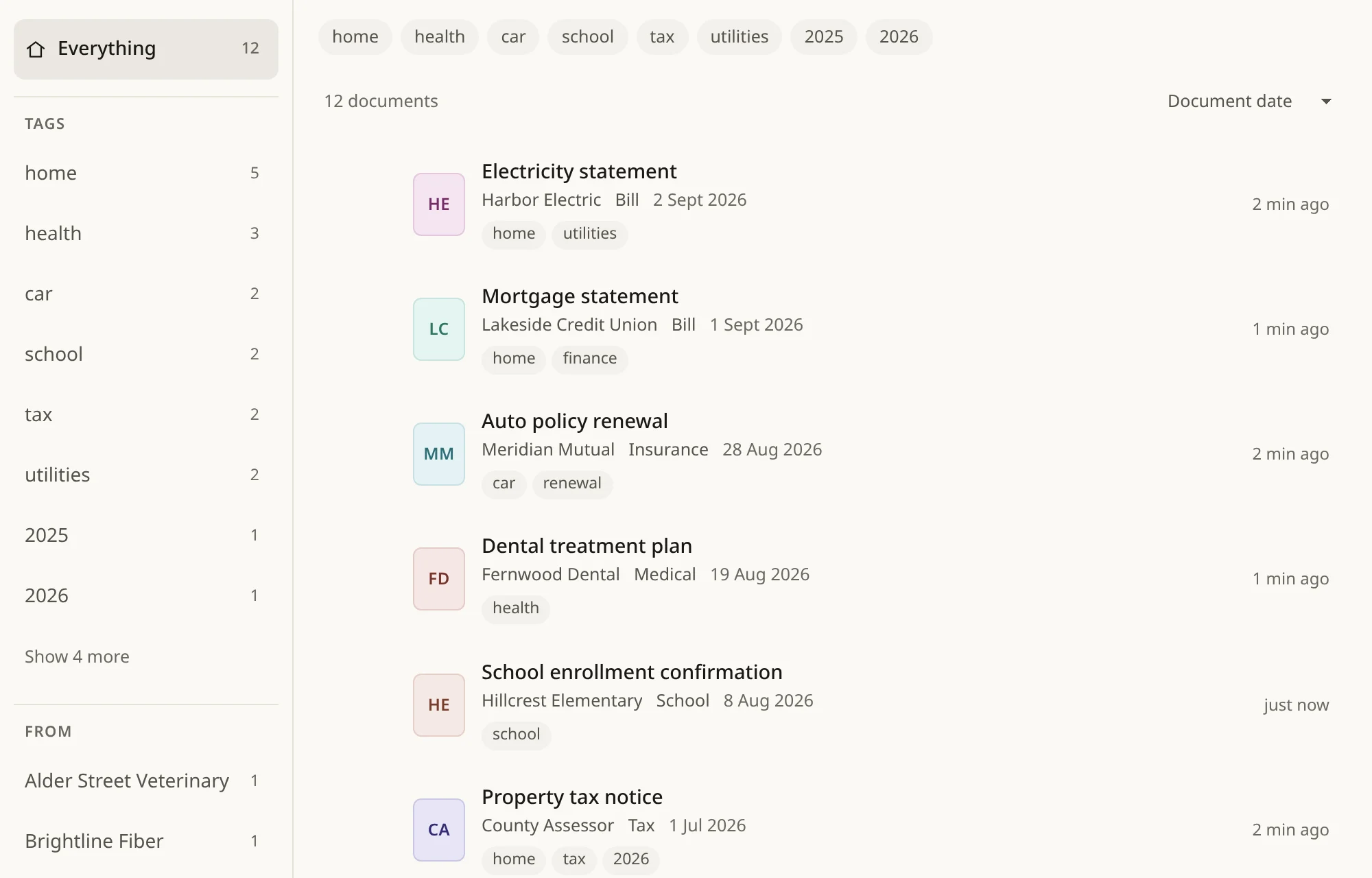 The Jiandu library listing twelve filed documents. A sidebar shows tags, senders, kinds and years with counts, and each row shows a title, sender, kind, date and tags.